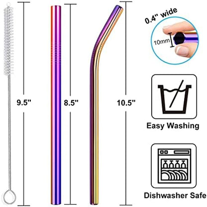 Vinaco 4 Pcs Rainbow 0.4" Wide Bore Reusable Stainless Steel Smoothie Straw