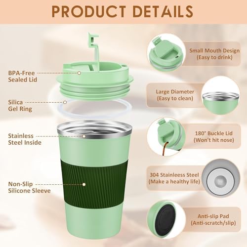 KETIEE 12oz Travel Mug, Insulated Coffee Cup with Leakproof Lid, Travel Coffee Mug Vacuum Stainless Steel Double Walled Reusable Tumbler for Hot and Cold Drinks (Green)