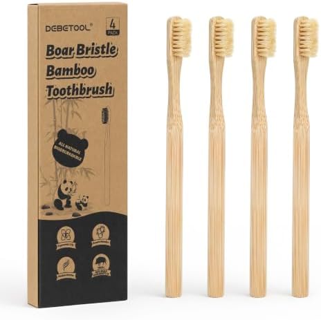 DEBETOOL 4-Pack Natural Boar Bristle Toothbrush for Adults