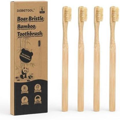 DEBETOOL 4-Pack Natural Boar Bristle Toothbrush for Adults