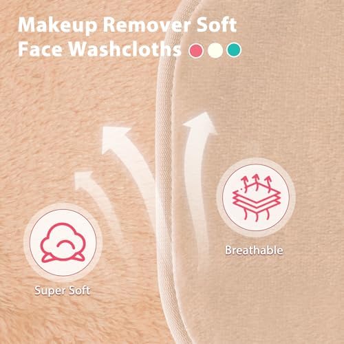 Natwag Makeup Remover Cloth, 6" x 6" Make Up Towels Reusable Face Cloth for Washing Face, 12 Pack Makeup Remover Pads Microfiber Face Washcloth with Mesh Bag, Beige
