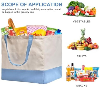 Reusable Grocery Bags Heavy Duty, 8.3 gal Foldable Large Canvas Tote Bag with Handles, Holds 60 lbs Canvas Shopping Bags, 3 Pack（Off White+Light Blue）