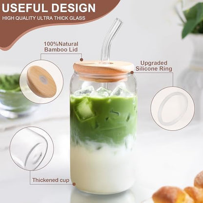 DWTS DANWEITESI Iced Coffee Cups with Lids 2 pcs,16 oz Glass Cups with Lids and Straws as Coffee Bar Accessories,Beer Drinking Glasses,Reusable Glass Tumbler,Cute Coffee Cups for Coffee, Juice, Gifts