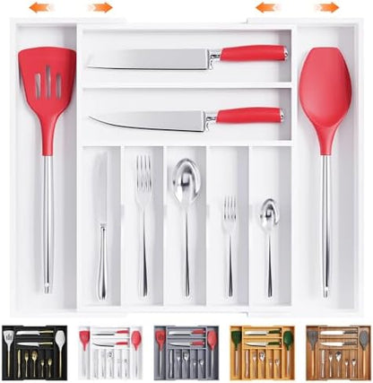Bellsal Large Premium Bamboo Silverware Organizer - Expandable Utensil Drawer Organizer - 17"x19.6" Utensil Holder and Cutlery Tray with Grooved for Kitchen Flatware and Utensils(7-9 Slot, White)