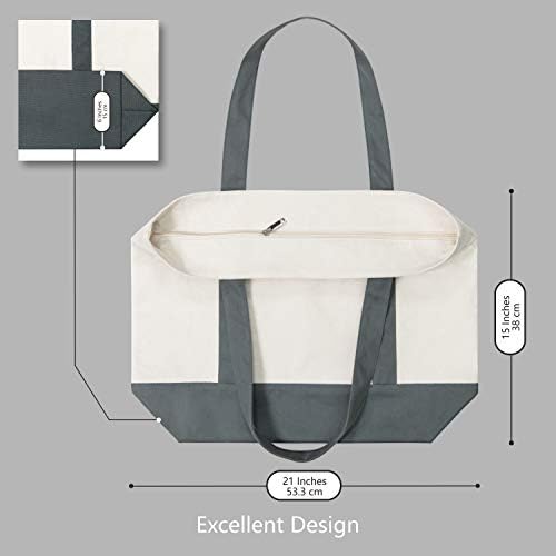 TOPDesign 1-Pack Canvas Tote Bag with an External Pocket, Reusable Grocery Shopping Bag, Top Zipper Closure, Daily Essentials (Grey/Natural)