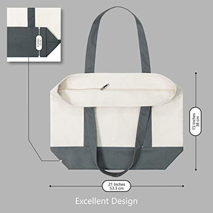TOPDesign 1-Pack Canvas Tote Bag with an External Pocket, Reusable Grocery Shopping Bag, Top Zipper Closure, Daily Essentials (Grey/Natural)