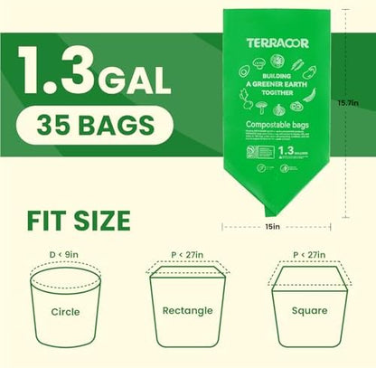 1.3 to 1.6 Gallon Compostable Trash Bags, 35 Count Green Compost Bags for Countertop Bin, Food Waste, Dispenser Packs Organic Biodegradable Bags BPI Certified Meet ASTM D6400 Standard