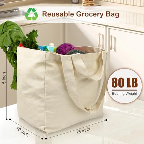 VitaSerena Reusable Canvas Grocery Bags with Dual Handles 3pc XL Set