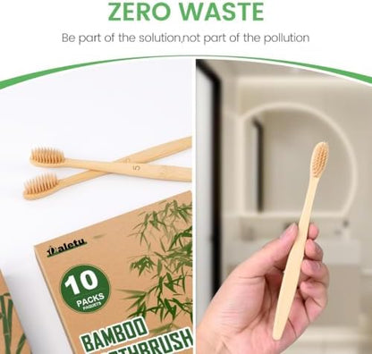 Daletu Bamboo Toothbrushes Soft Bristles 10 Pack, Biodegradable BPA Free Soft Bristles Toothbrushes for Adult, Eco-Friendly, Natural Wooden Organic Toothbrush