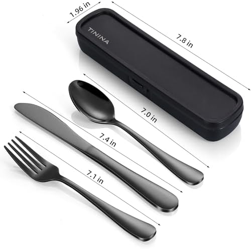 Travel Utensils with Case, 4-Piece Stainless Steel Portable Cutlery Set, Reinforced Case with Buckle Design, Lunch Box for Camping Work School, Include Fork Spoon Knife, Dishwasher Safe, Black