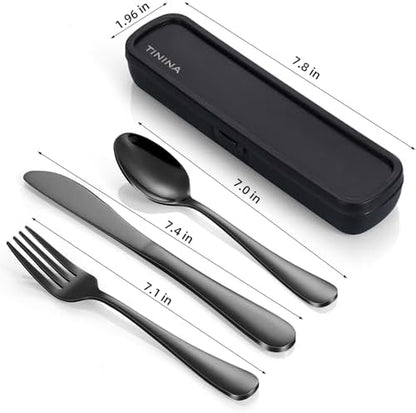 Travel Utensils with Case, 4-Piece Stainless Steel Portable Cutlery Set, Reinforced Case with Buckle Design, Lunch Box for Camping Work School, Include Fork Spoon Knife, Dishwasher Safe, Black