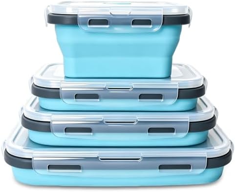 Collapsible Silicone Food Storage Containers 4 Set Airtight Leak Proof Food Containers with Lids Stackable Meal Prep for Microwave Freezer Dishwasher for Kitchen Camping Office Blue