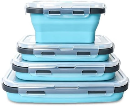 Collapsible Silicone Food Storage Containers 4 Set Airtight Leak Proof Food Containers with Lids Stackable Meal Prep for Microwave Freezer Dishwasher for Kitchen Camping Office Blue
