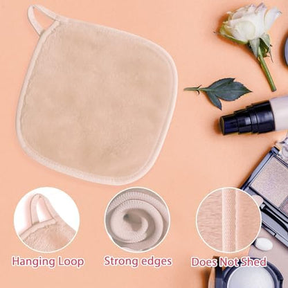 Natwag Makeup Remover Cloth, 6" x 6" Make Up Towels Reusable Face Cloth for Washing Face, 12 Pack Makeup Remover Pads Microfiber Face Washcloth with Mesh Bag, Beige