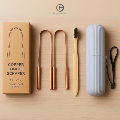Tongue Scraper Set(2 Pack)–Pure Copper Cleaner Kit with Bamboo Toothbrush with Charcoal Bristles &Travel Case–Daily Oral Hygiene Tool for Men&Women,Reduce Bad Breath,Tongue Scrubber