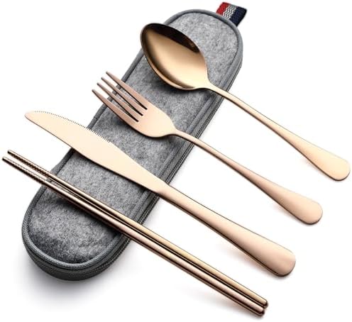 DEVICO Travel Utensils with Case, 5 Piece Portable Silverware Set for Work