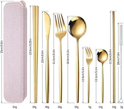AARAINBOW 8 Pieces Stainless Steel Flatware Set Portable Reusable Cutlery Set Travel Utensils Set Including Chopsticks Knife Fork Spoon Straws Cleaning Brush Dishwasher Safe (Golden)