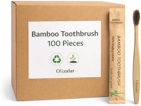 100 Pack Bamboo Toothbrush for Adults, Medium Soft Charcoal Bristles, Eco Friendly Wooden Natural Toothbrushes, Biodegradable Handle Oral Care Toothbrush