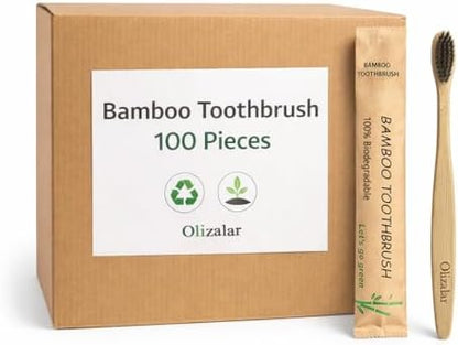 100 Pack Bamboo Toothbrush for Adults, Medium Soft Charcoal Bristles, Eco Friendly Wooden Natural Toothbrushes, Biodegradable Handle Oral Care Toothbrush