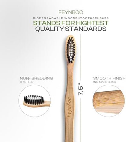 Bamboo Toothbrushes Medium Bristles 6 Pack - BPA Free Bristles Toothbrushes for Adults - Eco-Friendly, Natural Wooden Toothbrush (Light Brown, White, Black)