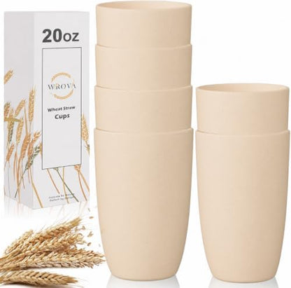 Wrova Wheat Straw Cups 6 PCS Good Alternative to Plastic Reusable Cups 20 oz Unbreakable Drinking Cup Reusable Dishwasher Safe Water Plastic Glasses Beige