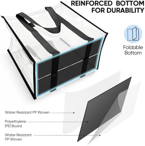 BALEINE 4 PK Grocery Bags Reusable Shopping Bags with Reinforced Bottom, Heavy Duty Foldable Tote Bags (Transparent)