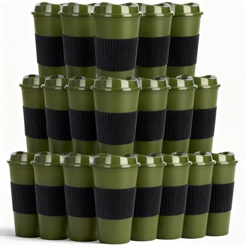 20 Pack Reusable Coffee Cups with Lids 16 oz Plastic Tumblers Travel Mug Iced Coffee Cup for Adults and Women Hot and Cold Drinks, Microwaveable (green)