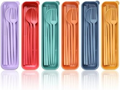 DISSKNIC Reusable Utensils Set with Case, 6 Sets Travel Utensils with Case, Wheat Straw Portable Cutlery Set Chopsticks Knives Fork and Spoon for Lunch Box Accessories