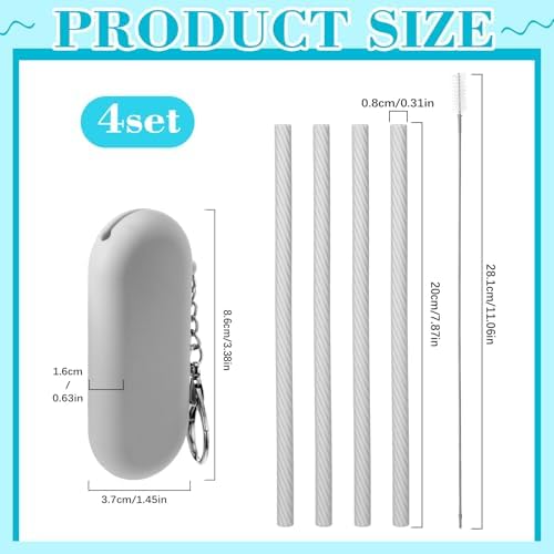 Meanplan 4 Sets Reusable Straws Travel Case Brush Silicone,Gray