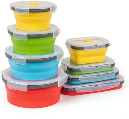 Collapsible Silicone Food Storage Containers Set with Lid & Air Vent, Foldable Lunch Containers, 16 Pack (8 Rectangular + 8 Round Bowls), BPA-Free, Space-Saving