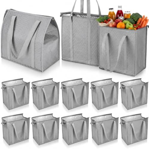 10 Pack 10 Pack Large Insulated Grocery Bag Zippered, Light Gray