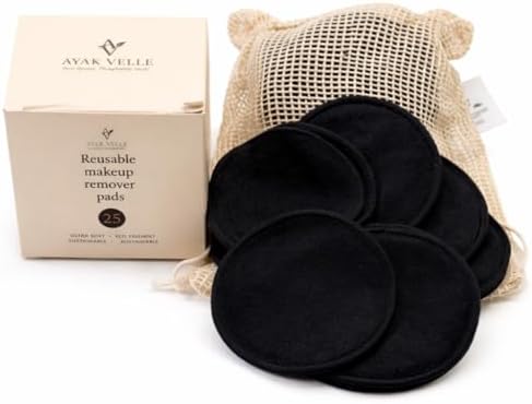 Reusable Bamboo Cotton Makeup Remover Pads, 25 Count, with Mesh Storage Bag, Washable (Black)
