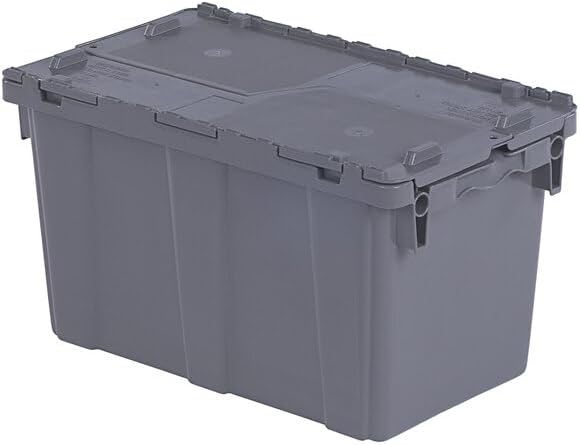 Plastic Storage Tote with Flip Lid, 22.3 x 13 x 12.8 inches, Gray, Stackable, Made in USA