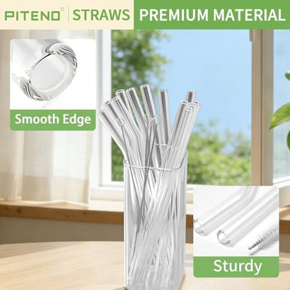 Piteno® 12Pcs Glass Straws with 4Pcs Brushes, Reusable Clear Glass Drinking Straws, 8.5''x10MM, Set of 6 Straight and 6 Bent with 4 Cleaning Brushes, Perfect for Smoothies, Milkshakes, Juice, Tea