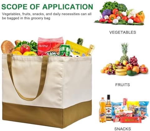 3 Pack Canvas Reusable Grocery Bags Heavy Duty, 8.3 gal Foldable Large Tote Bag with Handles, Holds 60 lbs Canvas Shopping Bags & Washable Eco-friendly Bags with 5 Pockets, camel+Off white