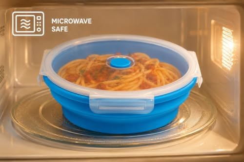 Plus 6PCS Foldable Silicone Food Storage Containers for Kitchen Storage for Leftovers Fruits and Meal Prep Dishwasher Safe Microwave Safe Ideal for Home and Travel (blue, round)