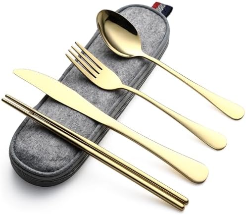 DEVICO Travel Utensils with Case, 5 Piece Portable Silverware Set for Work
