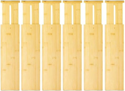 VaeFae 6 Pack Bamboo Drawer Dividers, 4" High Adjustable 16.6" - 21.8" Clothes Drawer Organizers, Expandable Separators for Bedroom/Bathroom/Kitchen/Office Storage