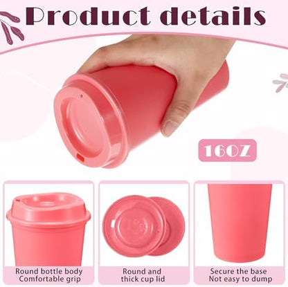 FillTouch 12 Pcs 16 oz Reusable Coffee Cups with Lids, Pink Gradient