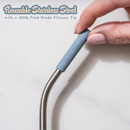 Softy Straws Premium Reusable Stainless Steel Drinking Straws With Silicone Tips + Patented Straw Cleaners and Carrying Case - 9” Long Metal With Curved Bend for 20/30/32oz Tumblers - Natural Colors