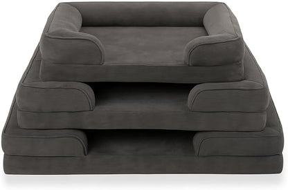 Gray Corduroy Orthopedic Dog Bed with Bolster – Memory Foam, Washable Removable Cover, Non-Slip Bottom (Small)