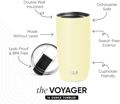 Simple Modern Travel Coffee Mug Tumbler with Flip Lid | Reusable Insulated Stainless Steel Cold Brew Iced Coffee Cup Thermos | Gifts for Women Men Him Her | Voyager Collection | 16oz | Buttercup