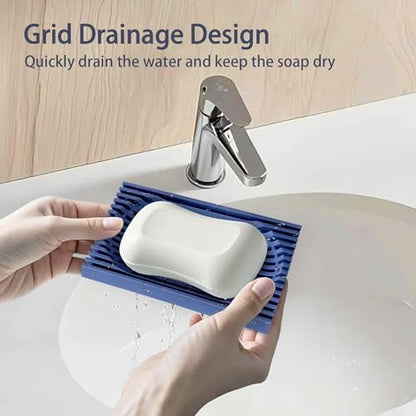 Aoheuo Modern Minimalist Soap Dish (2Pack),Drainage Silicone Soap Holder,5.5 Long by 3.15 Wide,0.55 inches high,Used for Kitchen, Bathroom,and Bar Sink(Blue,Blue)