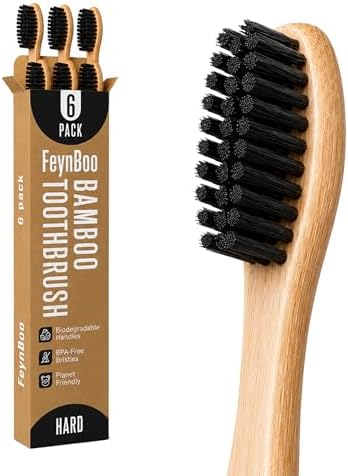 Bamboo Toothbrushes Hard Bristles 6 Pack - BPA Free Bristles Toothbrushes for Adults - Eco-Friendly, Natural Wooden Toothbrush (Light Brown, Black).