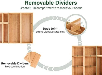 Kootek 6Pcs Bamboo Drawer Organizer 3-Size Kitchen Storage Box for Flatware