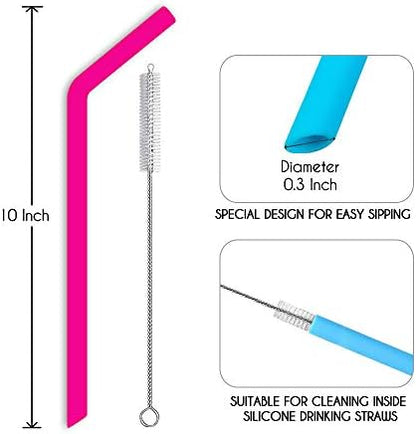 Hiware Reusable Silicone Straws, Long Flexible Silicone Drinking Straws with Cleaning Brushes for 30 oz Tumblers - 10 Pieces - BPA-Free - No Rubber Taste