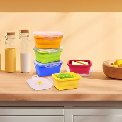 5 Pack Collapsible Silicone Food Storage Containers with Leak-Resistant Lids, 12 oz Small Foldable Snack Box Bento Box, For Kitchen, Office, Camping, Travel, BPA Free