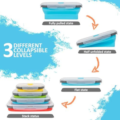 Collapsible Silicone Food Storage Containers Set with Lid & Air Vent, Foldable Lunch Containers, 16 Pack (8 Rectangular + 8 Round Bowls), BPA-Free, Space-Saving