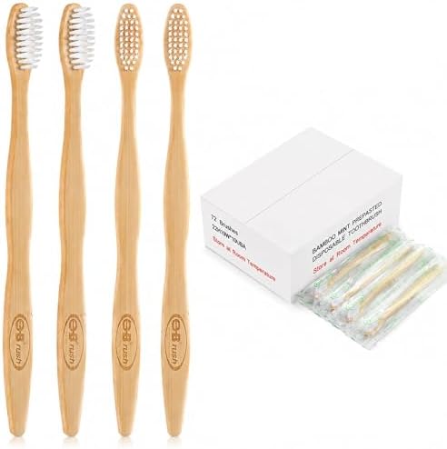 B Rush® 72Pack Bamboo Prepasted Toothbrush, Individually Wrapped Mini Travel Toothbrush with Pre-Pasted Mint Gel, Biodegradable Eco-Friendly Disposable Toothbrushes Travel Set for Adults & Kids