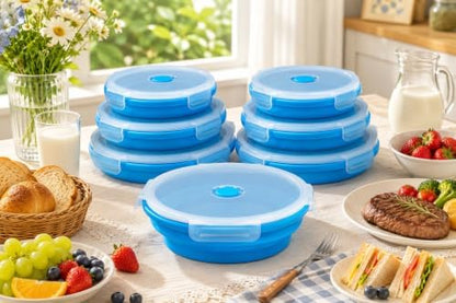 Plus 6PCS Foldable Silicone Food Storage Containers for Kitchen Storage for Leftovers Fruits and Meal Prep Dishwasher Safe Microwave Safe Ideal for Home and Travel (blue, round)